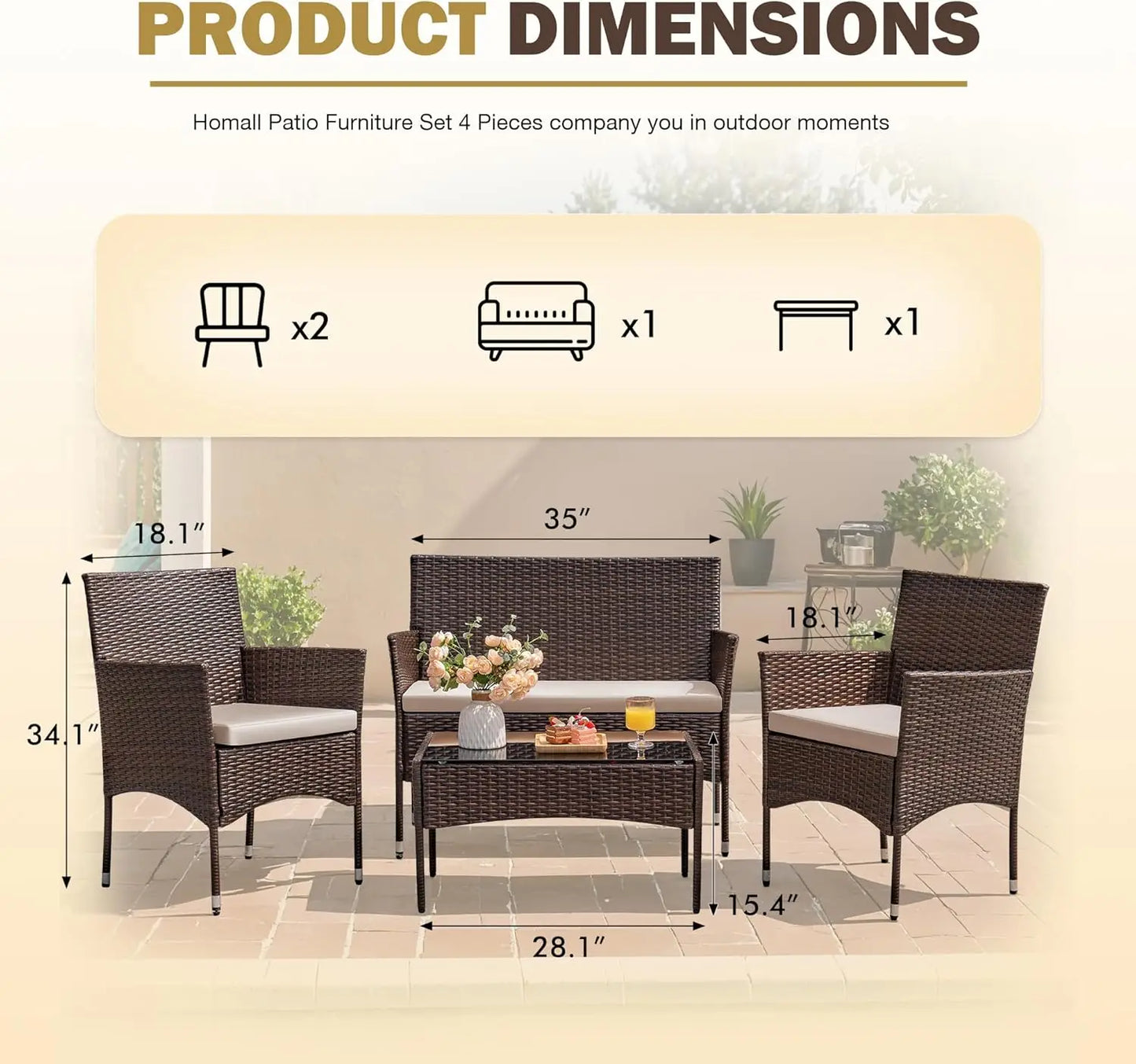 4 Piece Outdoor Patio Furniture Set Rattan Wicker For Backyard
