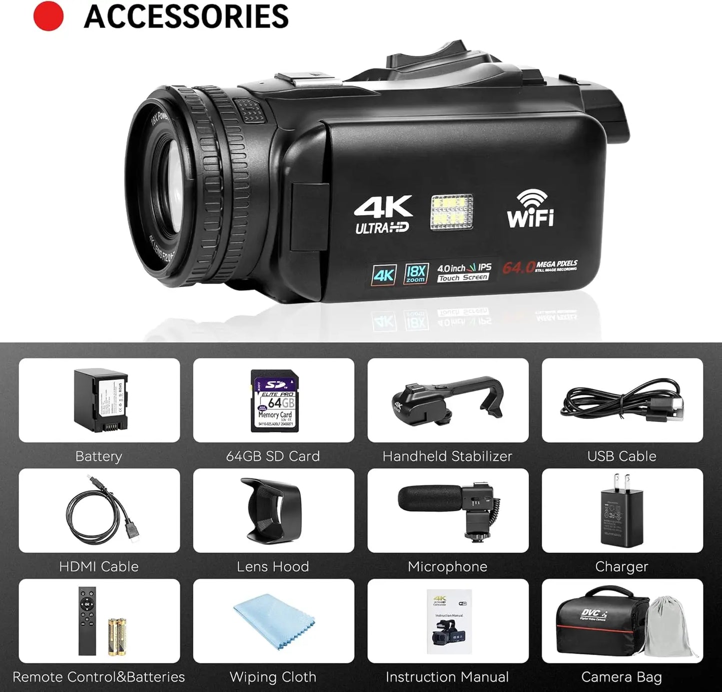 4K Ultra HD Camcorder 18X Digital Zoom And 64MP Sensor