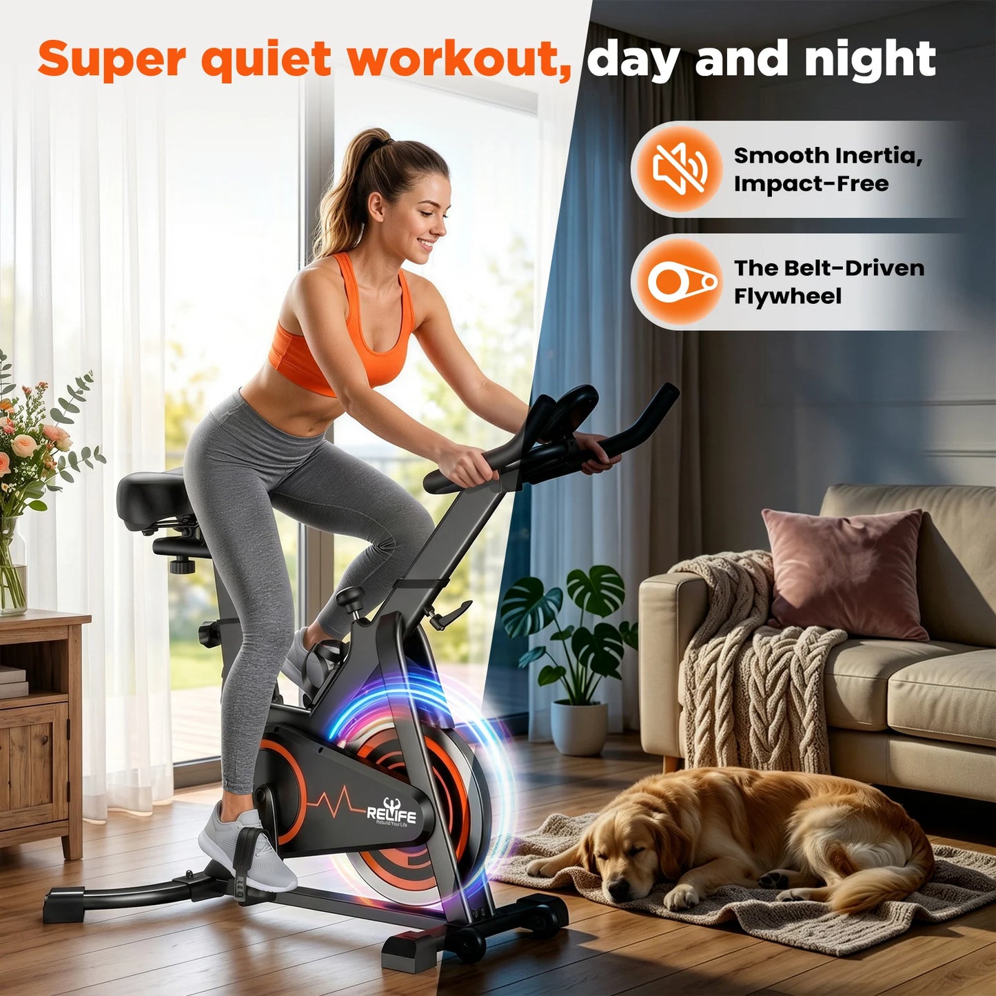 Relife Silent Belt Drive Stationary Bike With LCD Monitor Tablet Holder