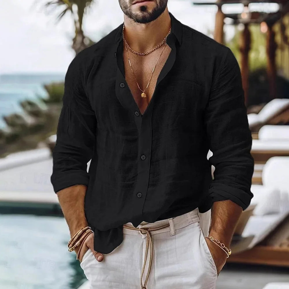 Men's Cotton Linen Shirt Single Breasted Breathable Lightweight