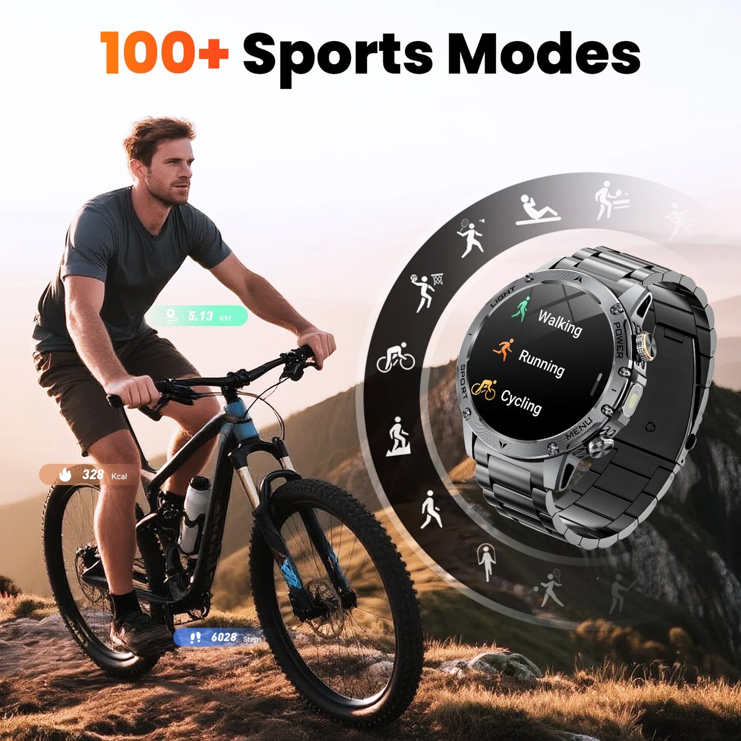 Military Style Smartwatch For Men With 100 Sports Modes Waterproof