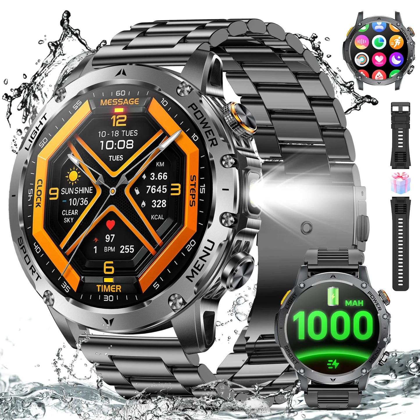 Military Style Smartwatch For Men With 100 Sports Modes Waterproof