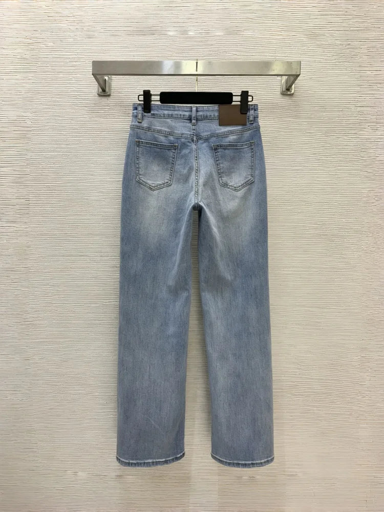 Women's Straight Jeans With Letter Print Embroidery Pockets Mid Waist