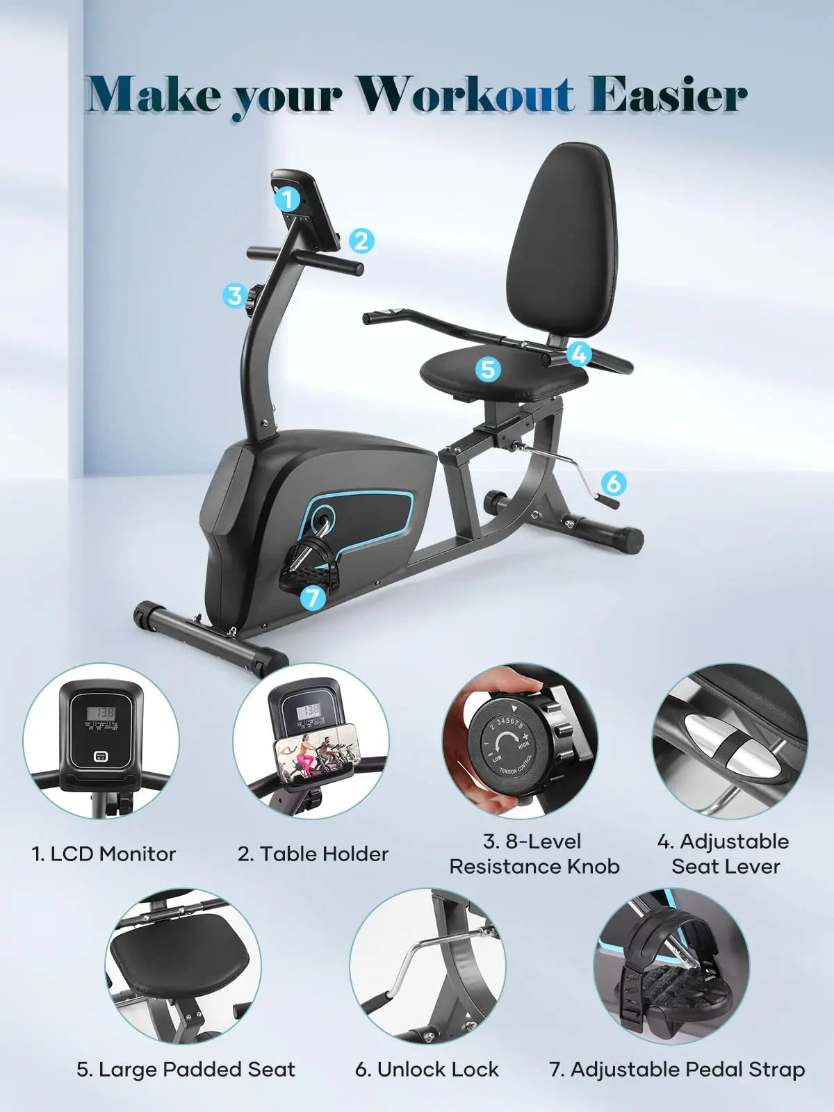 Recumbent Exercise Bike For Home Quiet 8 Levels Comfortable Seat