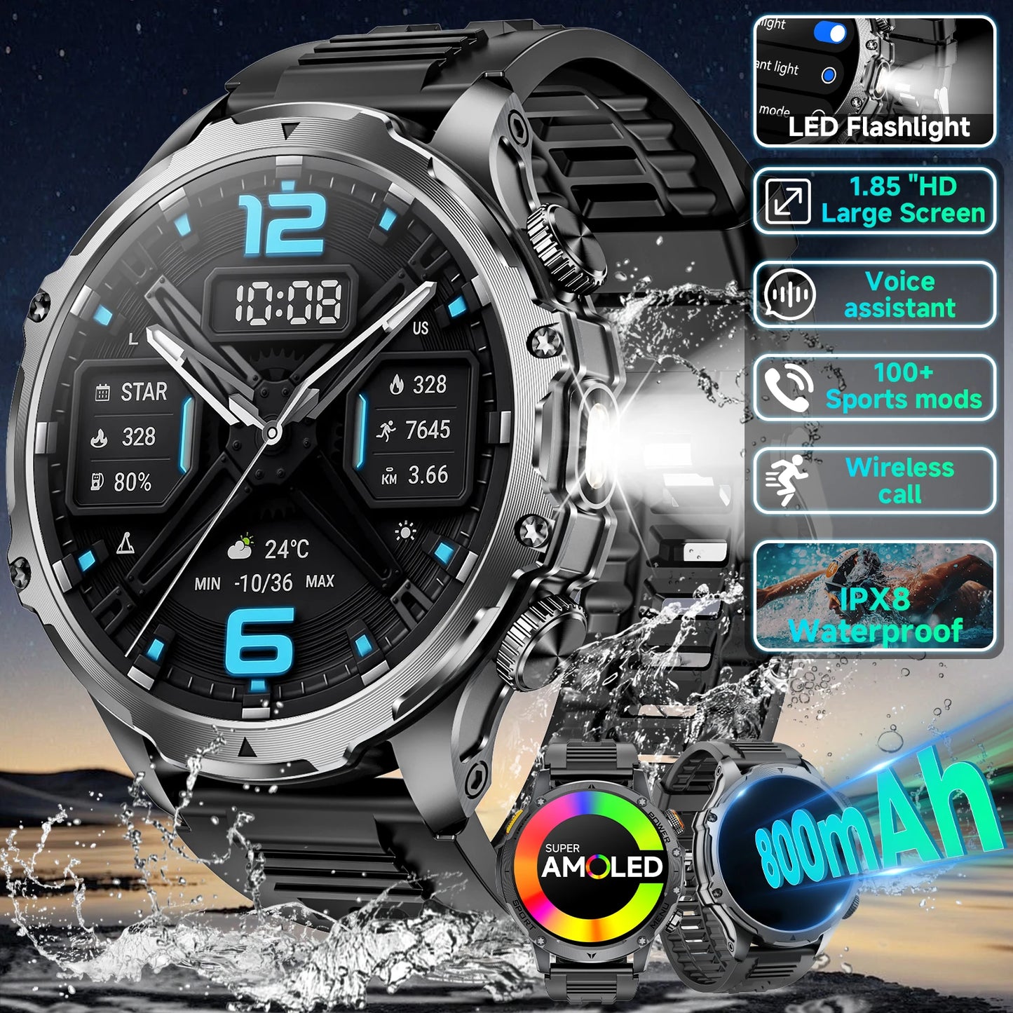 Military Style Smartwatch For Men With 100 Sports Modes Waterproof