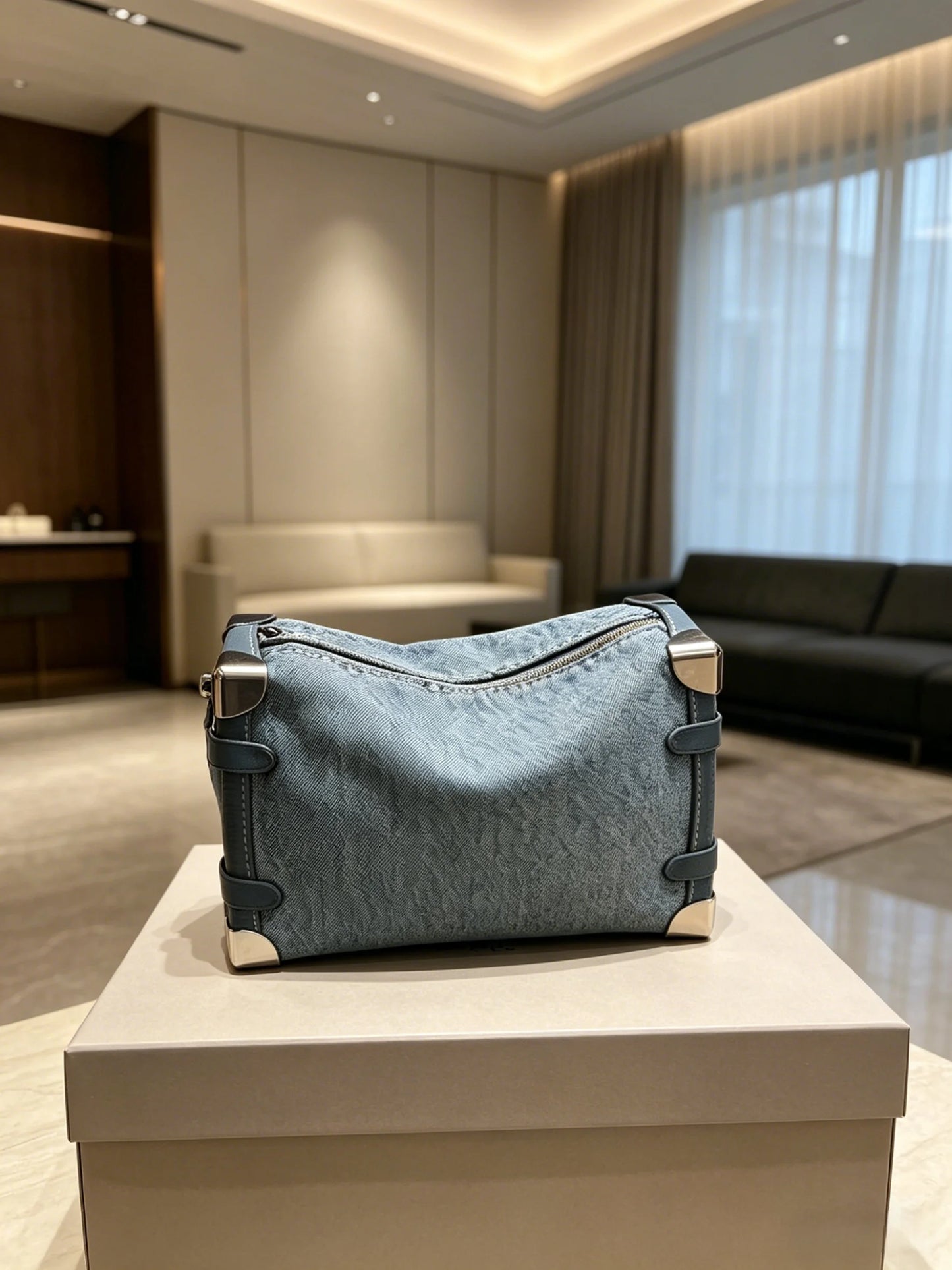 Denim Lunch Box Crossbody Bag For Women With Corner Accent