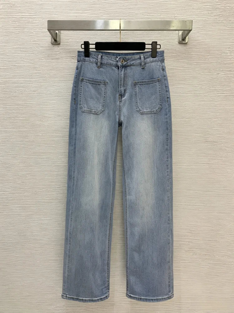Women's Straight Jeans With Letter Print Embroidery Pockets Mid Waist