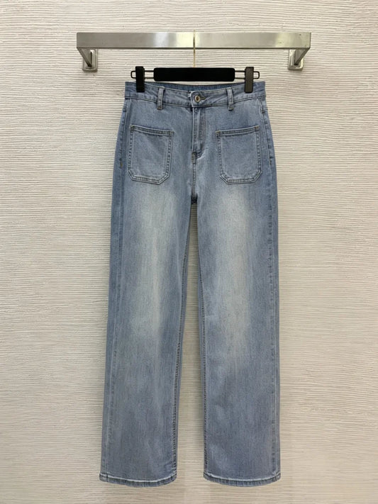 Women's Straight Jeans With Letter Print Embroidery Pockets Mid Waist