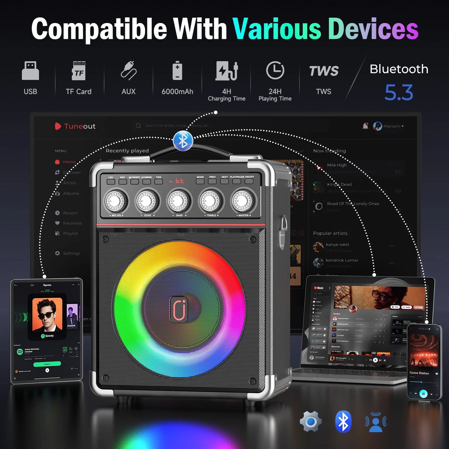 FanFun Karaoke Bluetooth Speaker With LED Lights And Microphones
