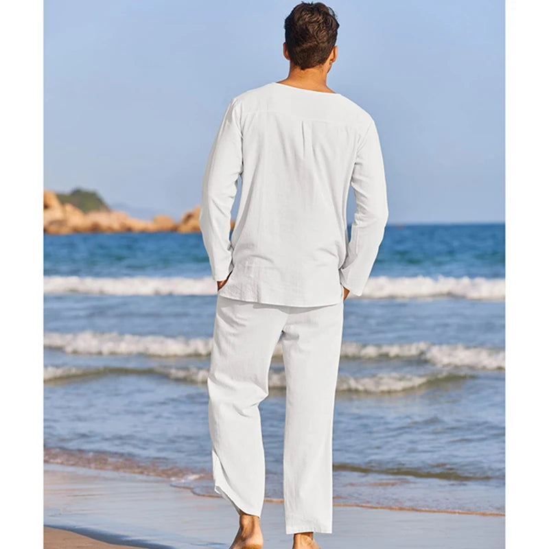 Mens Summer Cotton Linen Henley Shirt And Elastic Waist Pants 2 Piece Set