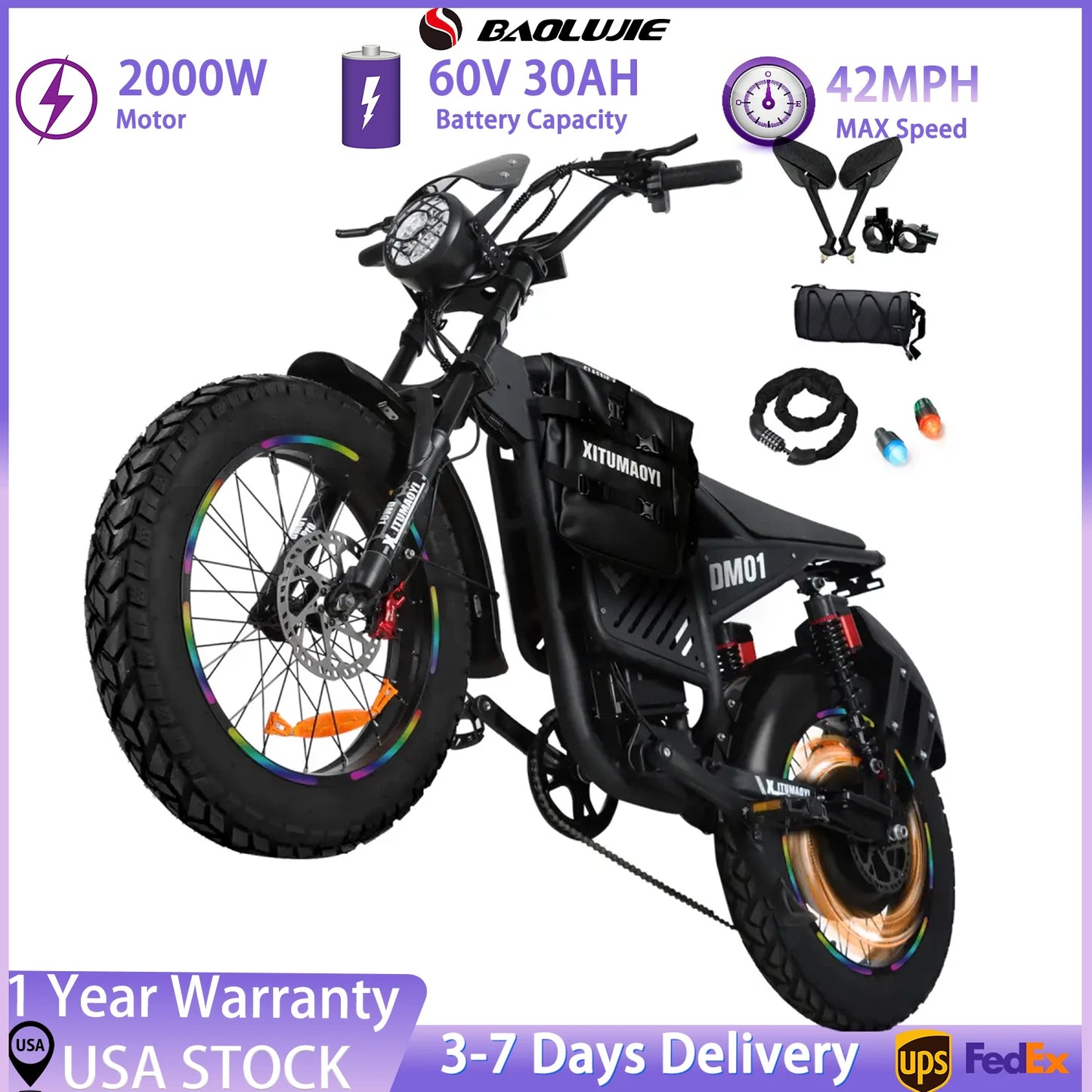 Baolujie DM01 Electric Motorcycle 2000W Ebike 60V Battery