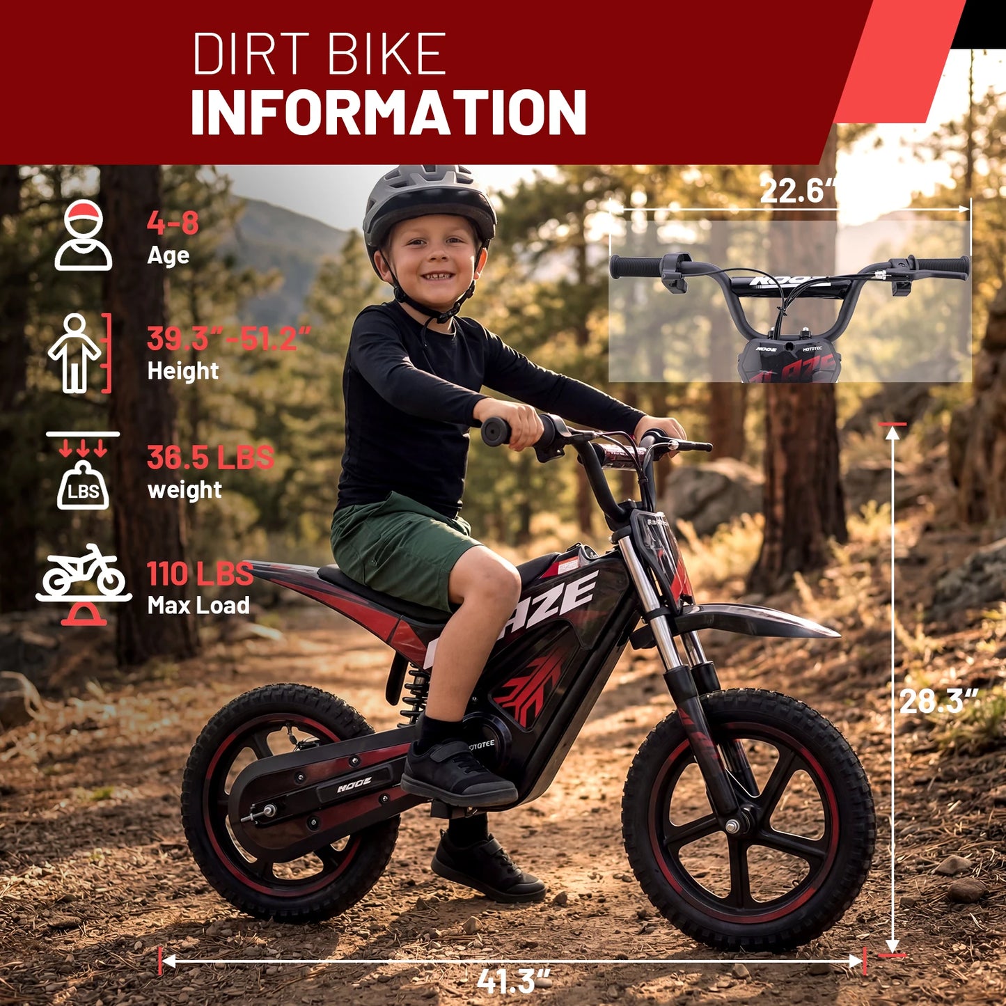 KOOZ HP01E 36V Electric Dirt Bike for Kids, 2 Speeds
