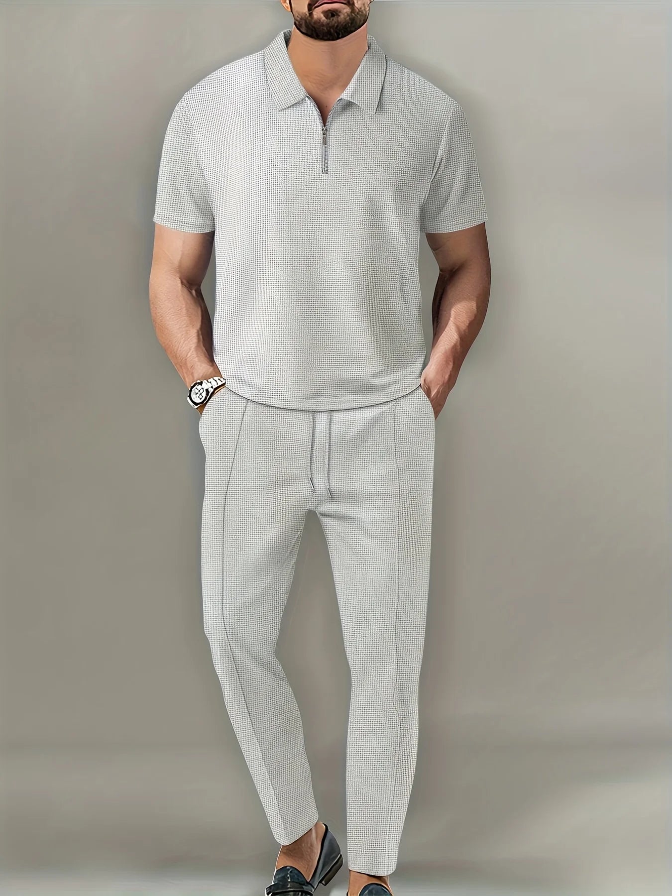 Men's Solid Color Waffle Lapel Zipper Set Long Pants Casual