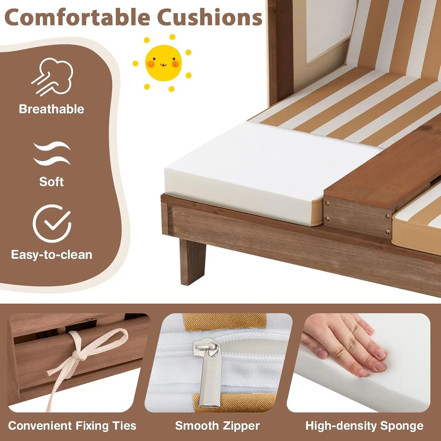 Wood Double Chaise Canopy Outdoor Kids Cup Holder Lounge