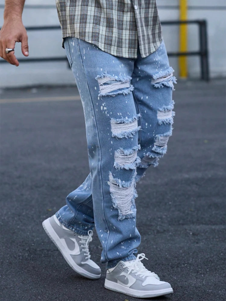 Men's Ink Splattered Ripped Jeans Street Style Hip Hop Pants