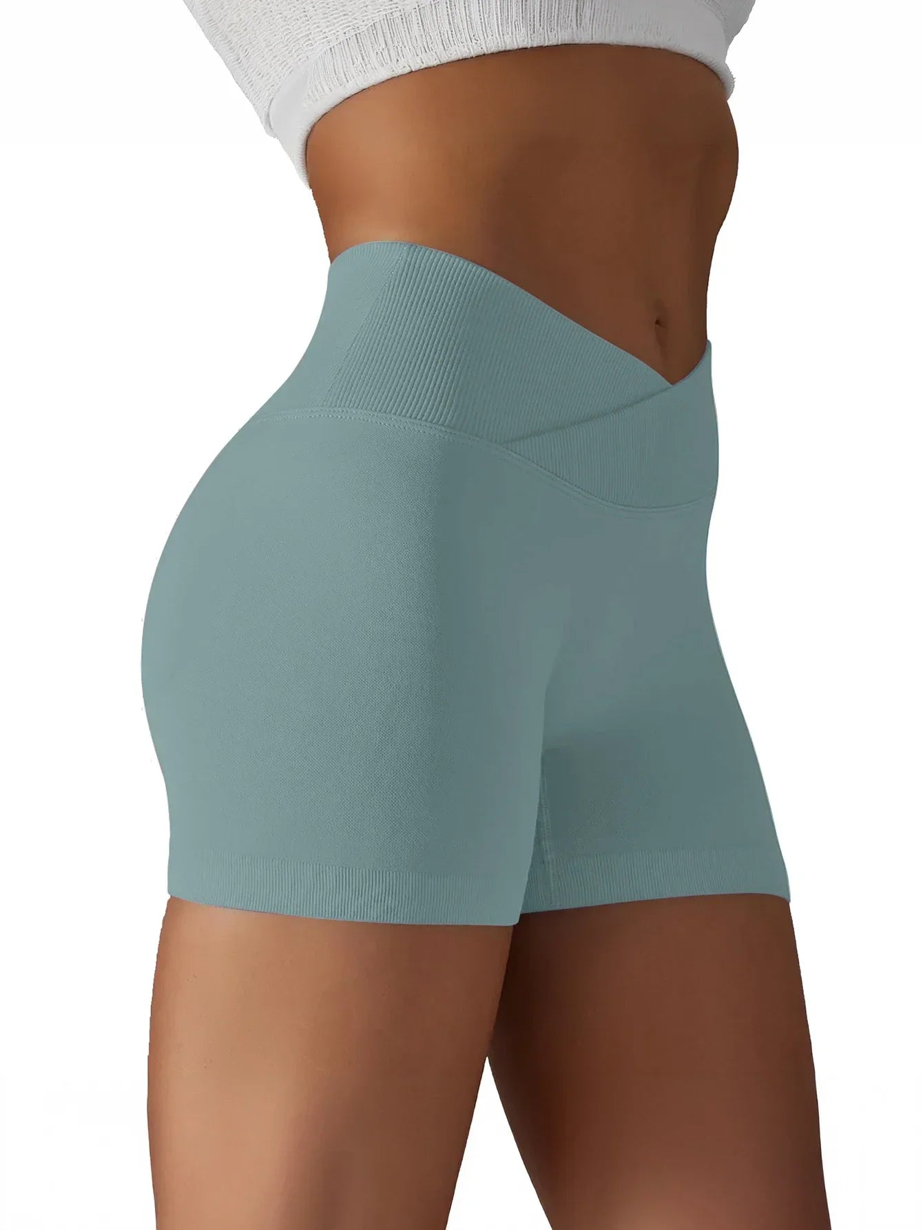 Women's Cross Waist High Waisted Ribbed Biker Shorts Running Gym