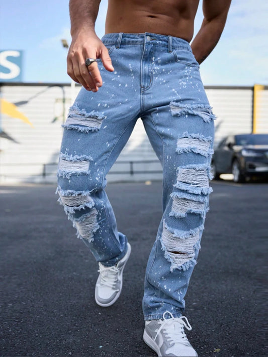 Men's Ink Splattered Ripped Jeans Street Style Hip Hop Pants