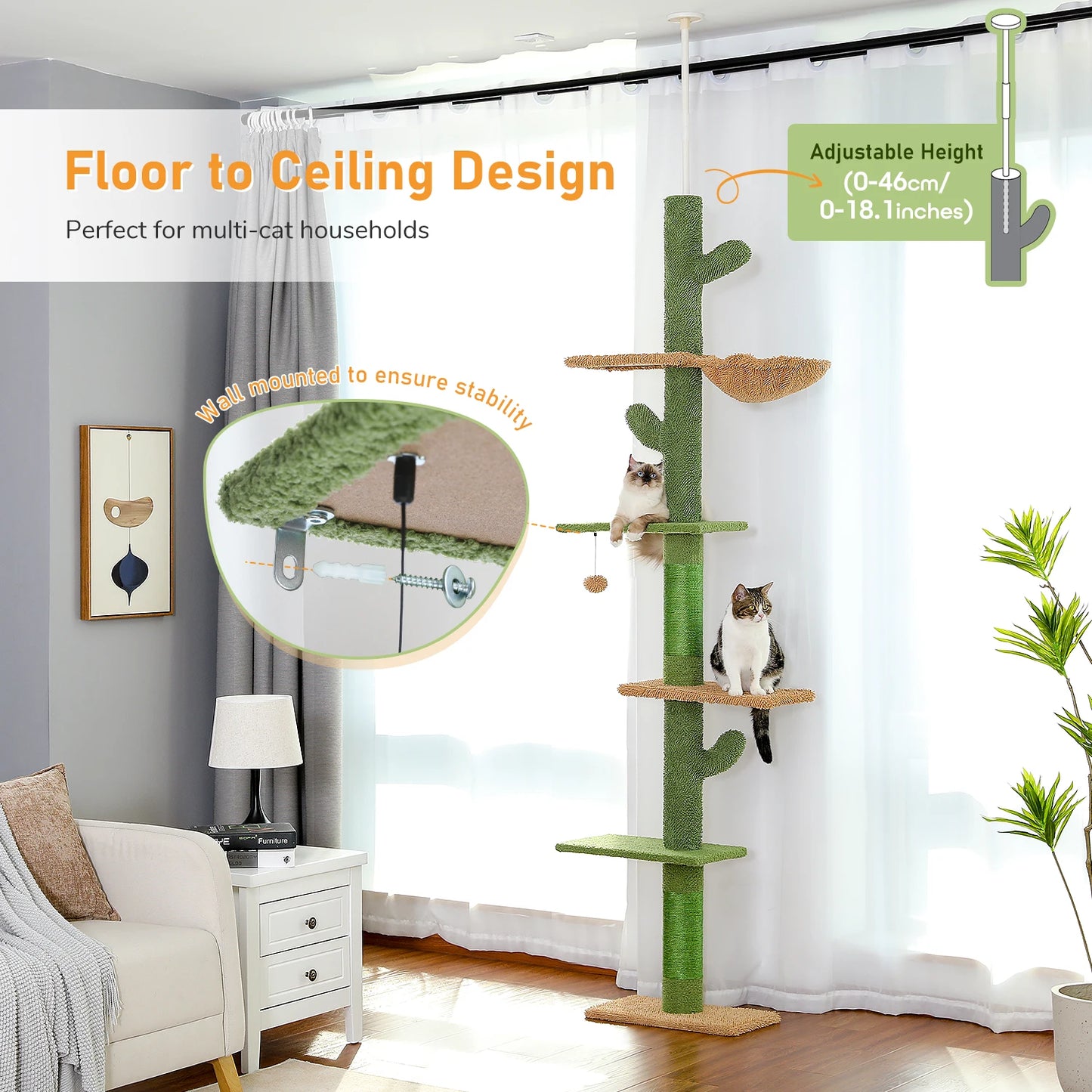PAWZ Road Cat Tree 5-Tier Floor To Ceiling Tower Hammock