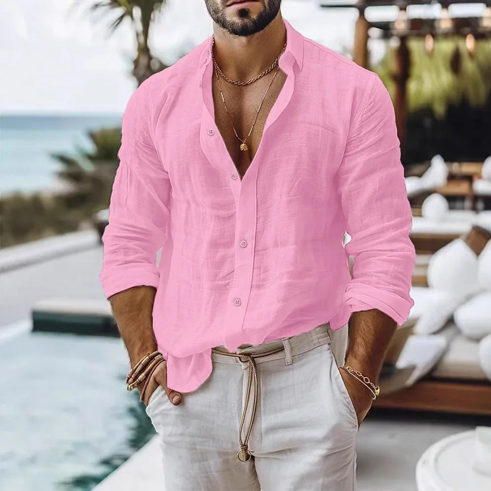Men's Cotton Linen Shirt Single Breasted Breathable Lightweight