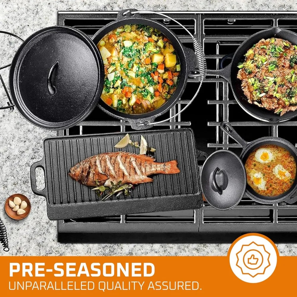 7-Piece Preseasoned Cast Iron Cookware Set With Dutch Oven Lids