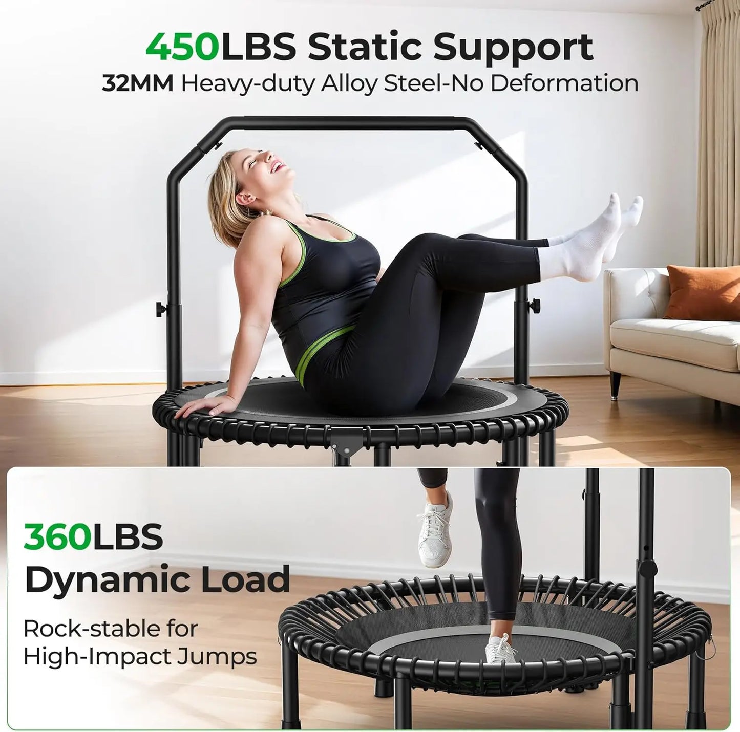 BCAN 450LBS Mini Rebounder Trampoline With Adjustable Handle