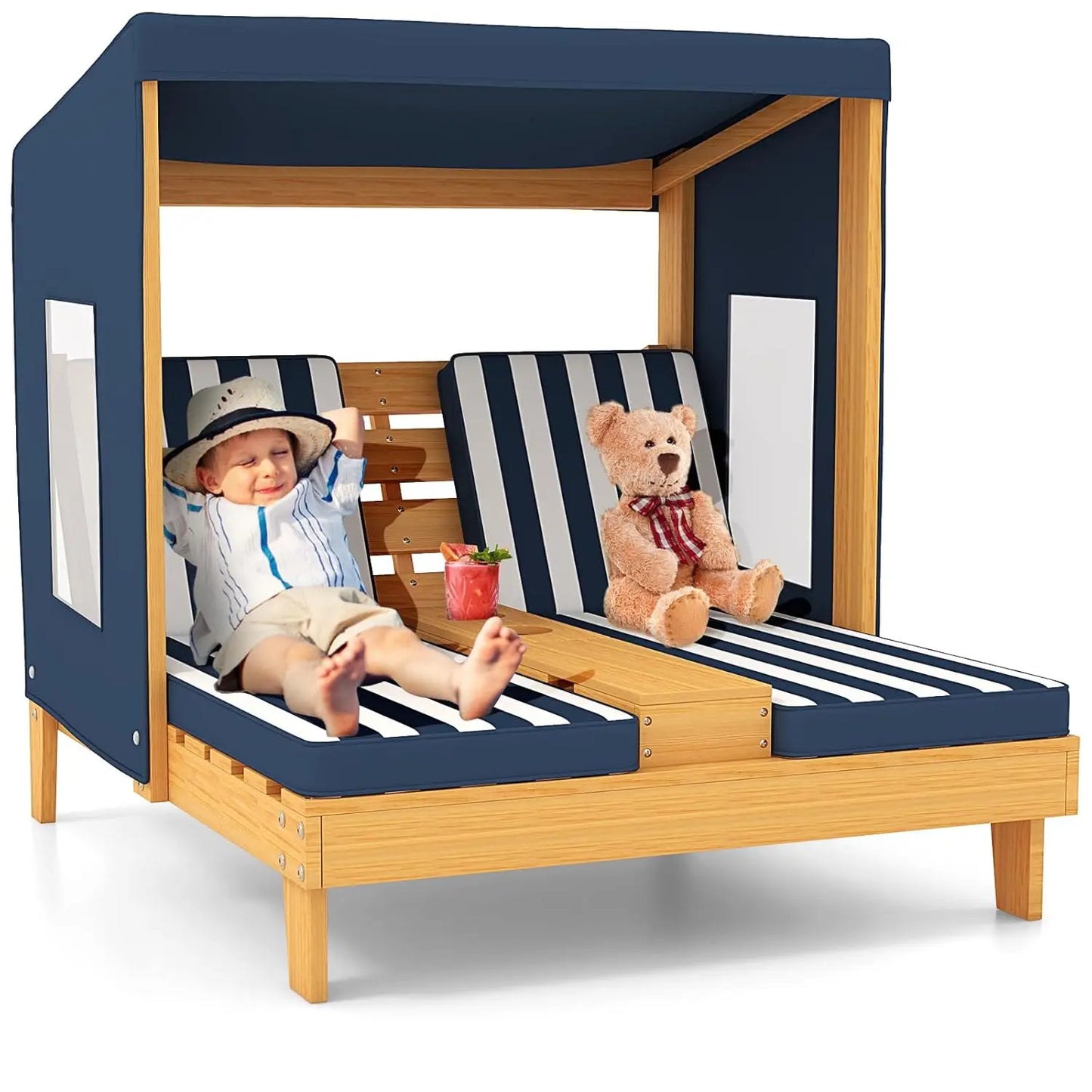 Wood Double Chaise Canopy Outdoor Kids Cup Holder Lounge