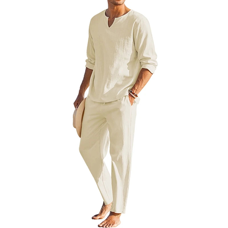 Mens Summer Cotton Linen Henley Shirt And Elastic Waist Pants 2 Piece Set