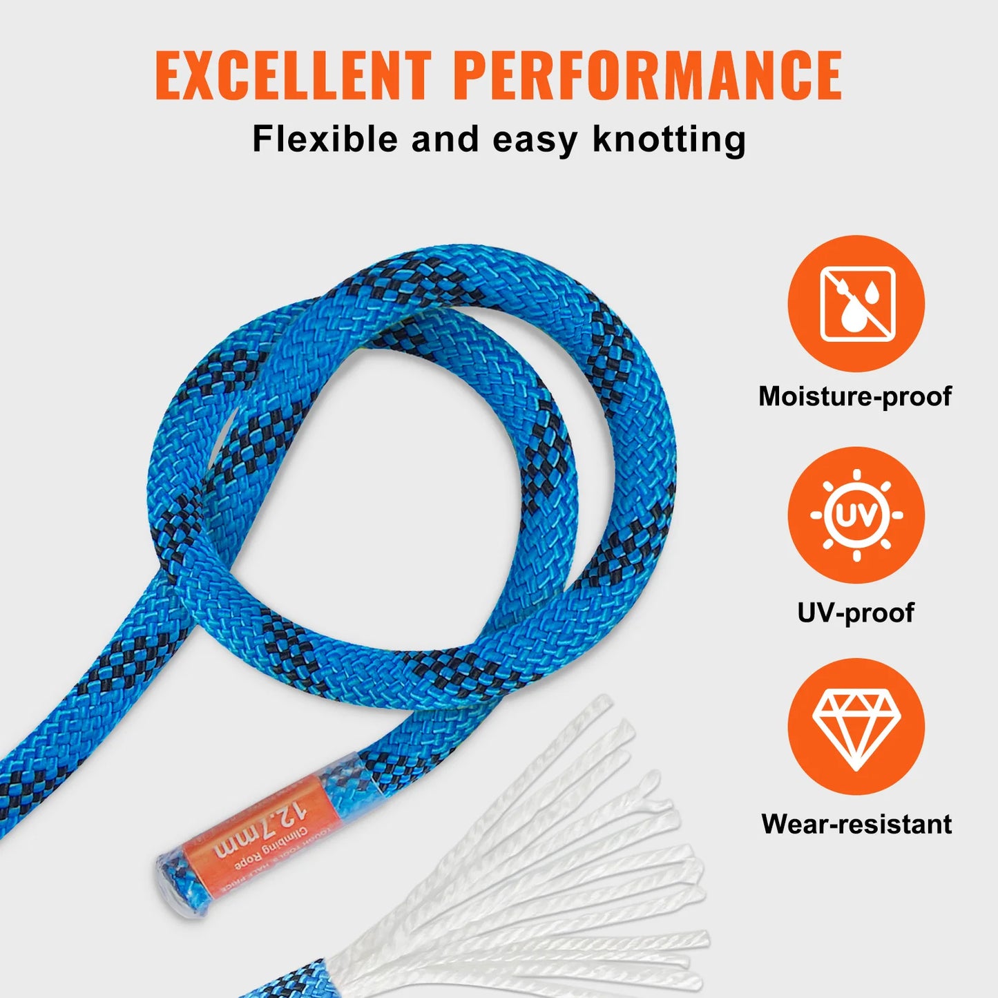 VEVOR Static Climbing Rope 30 KN Break Strength Steel Hooks