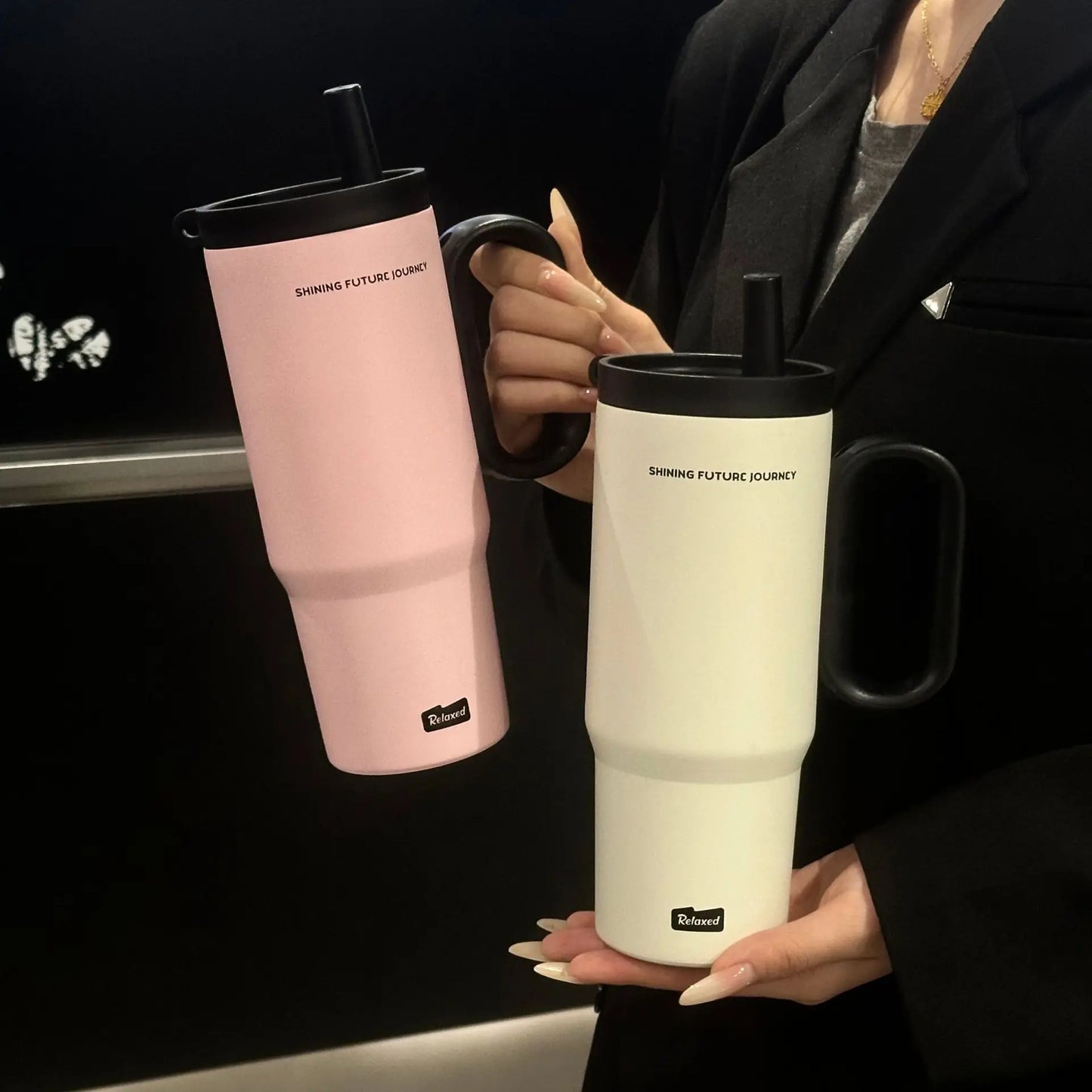 Stainless Steel Vacuum Insulated Thermos Cup With Straw And Handle