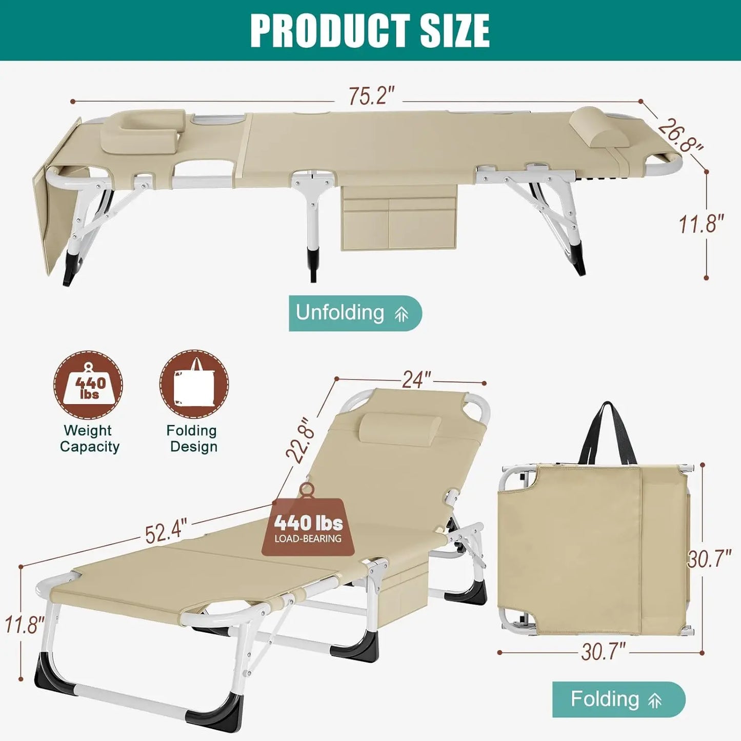 Heavy Duty XXL Tanning Chair With Face Hole And Mat Five Position Folding Lounge