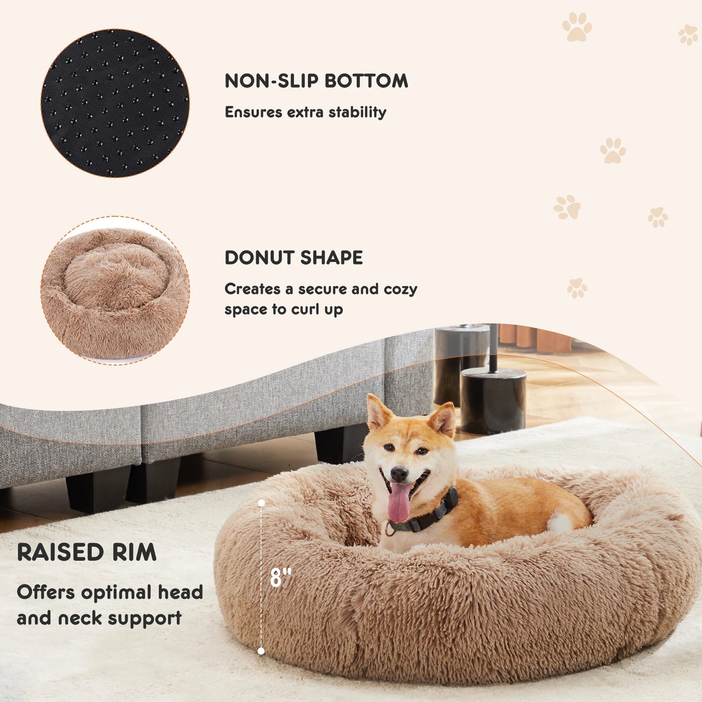 JHK Calming Dog Bed Anti-Slip Plush Faux Fur For Dogs