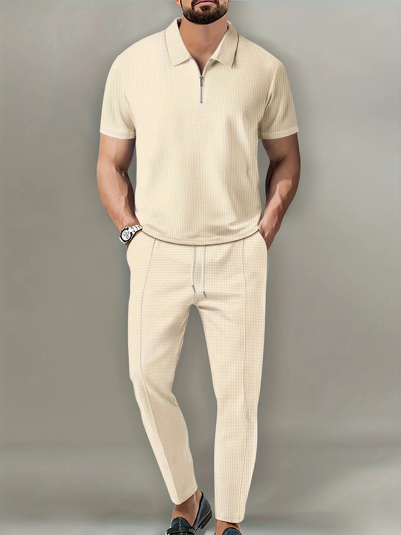 Men's Solid Color Waffle Lapel Zipper Set Long Pants Casual