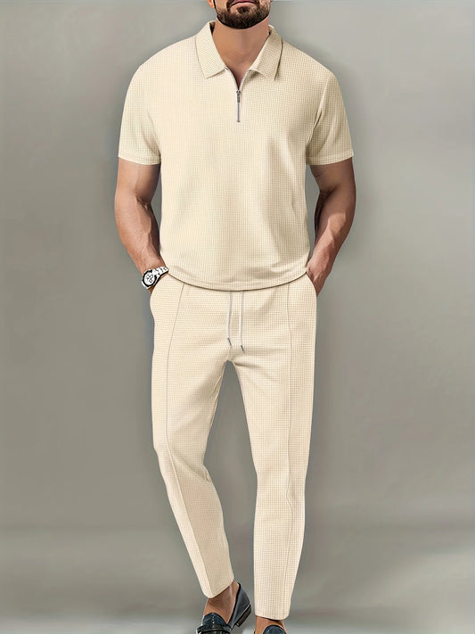 Men's Solid Color Waffle Lapel Zipper Set Long Pants Casual