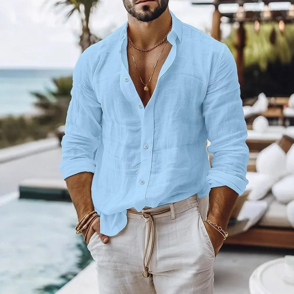 Men's Cotton Linen Shirt Single Breasted Breathable Lightweight