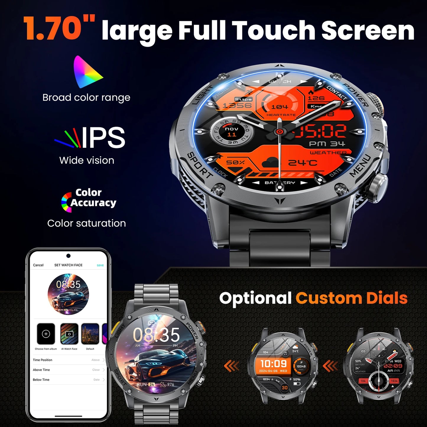 Military Style Smartwatch For Men With 100 Sports Modes Waterproof