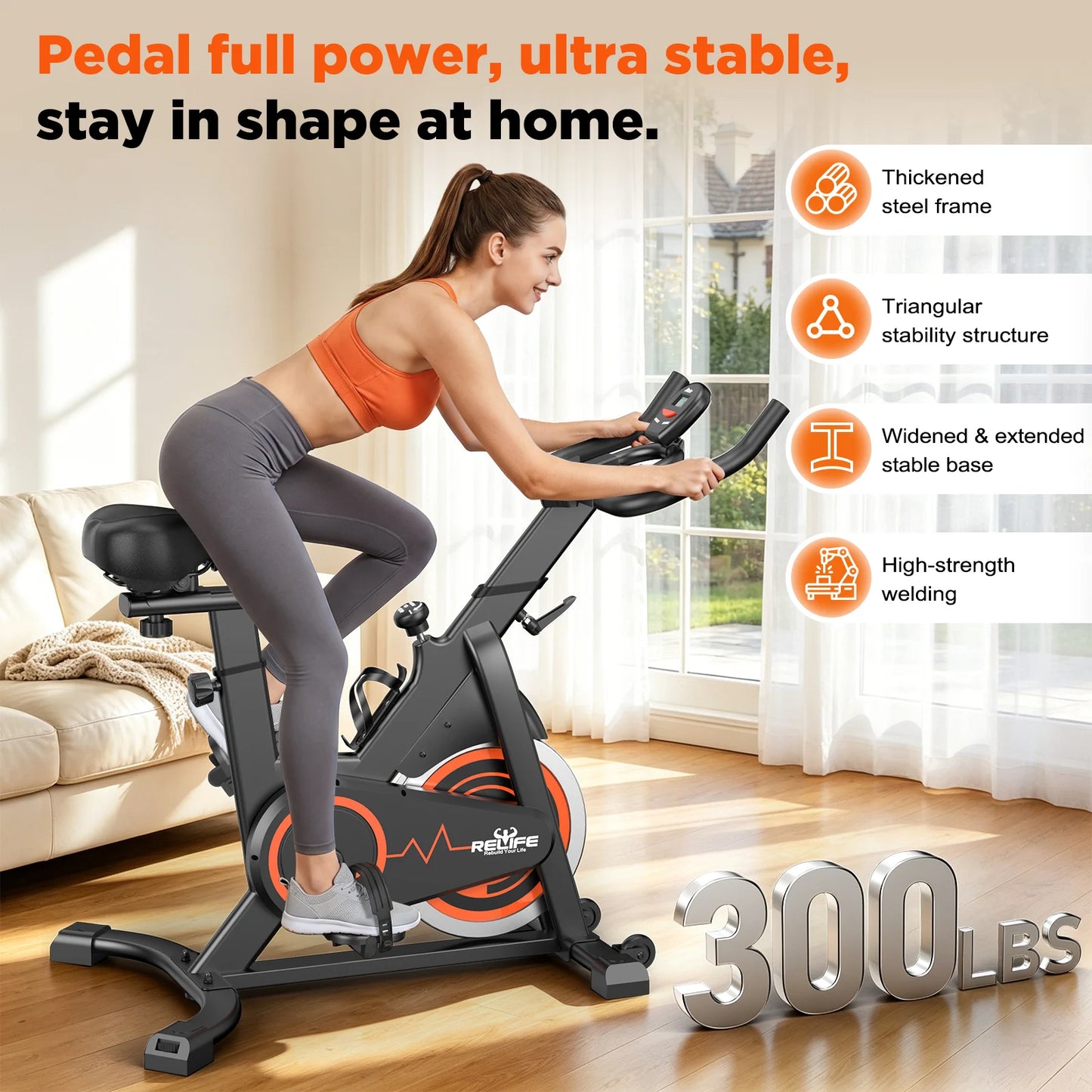 Relife Silent Belt Drive Stationary Bike With LCD Monitor Tablet Holder