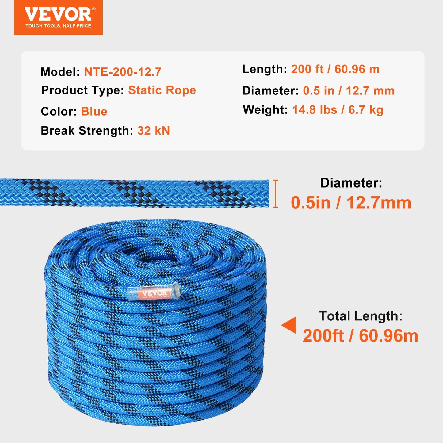 VEVOR Static Climbing Rope 30 KN Break Strength Steel Hooks