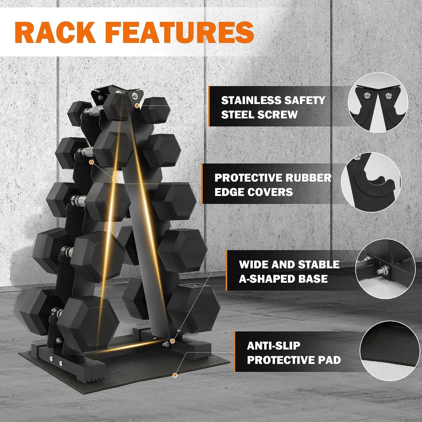 Rubber Coated Hex Dumbbell Set Rack With Anti Slip Grip