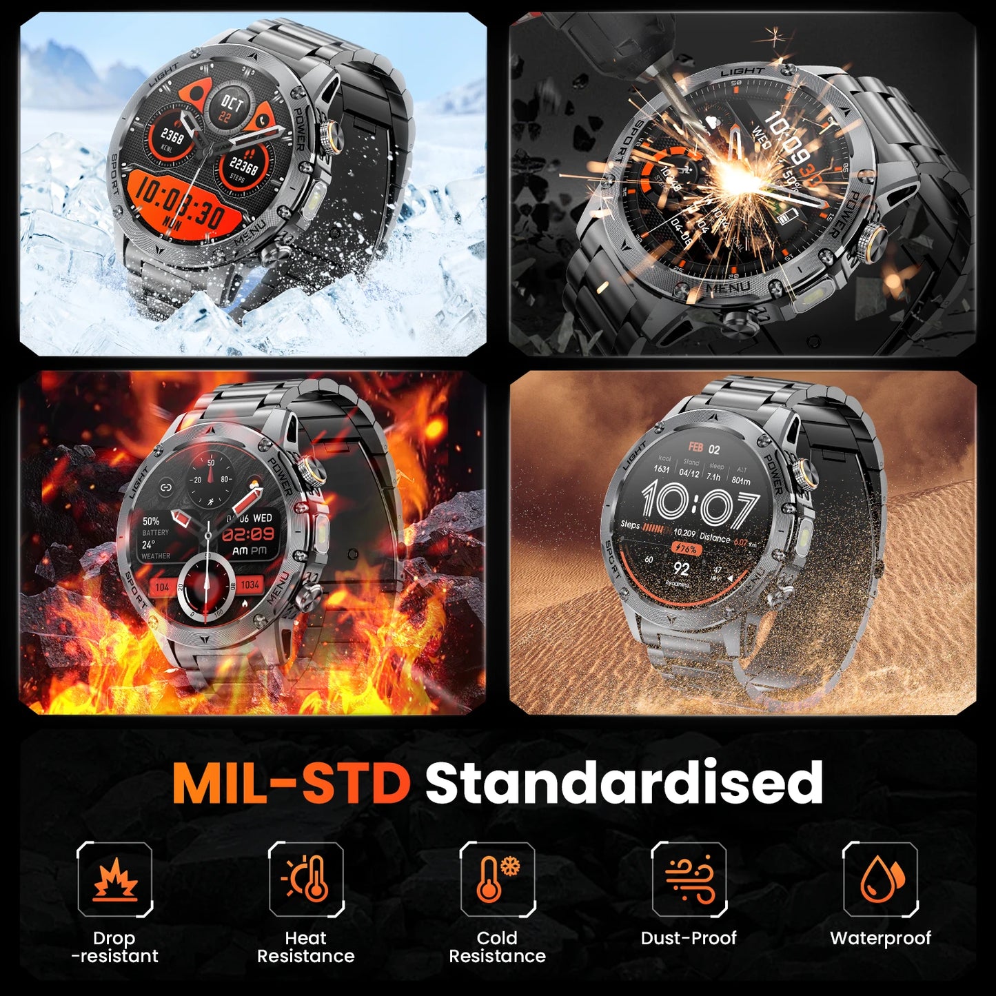 Military Style Smartwatch For Men With 100 Sports Modes Waterproof