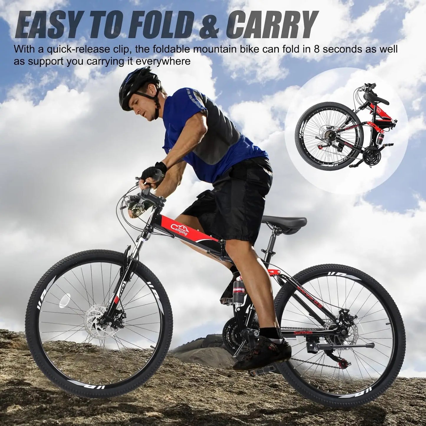 Foldable 21 Speed Mountain Bike for Adults Carbon Steel Frame