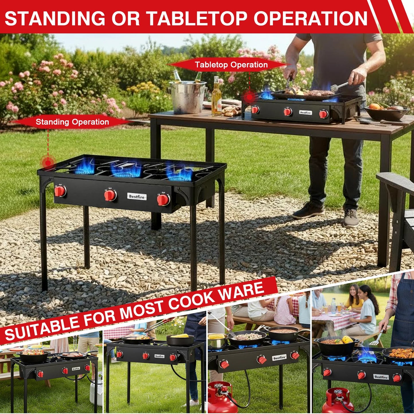 Three Burner Propane Camping Stove With Removable Legs