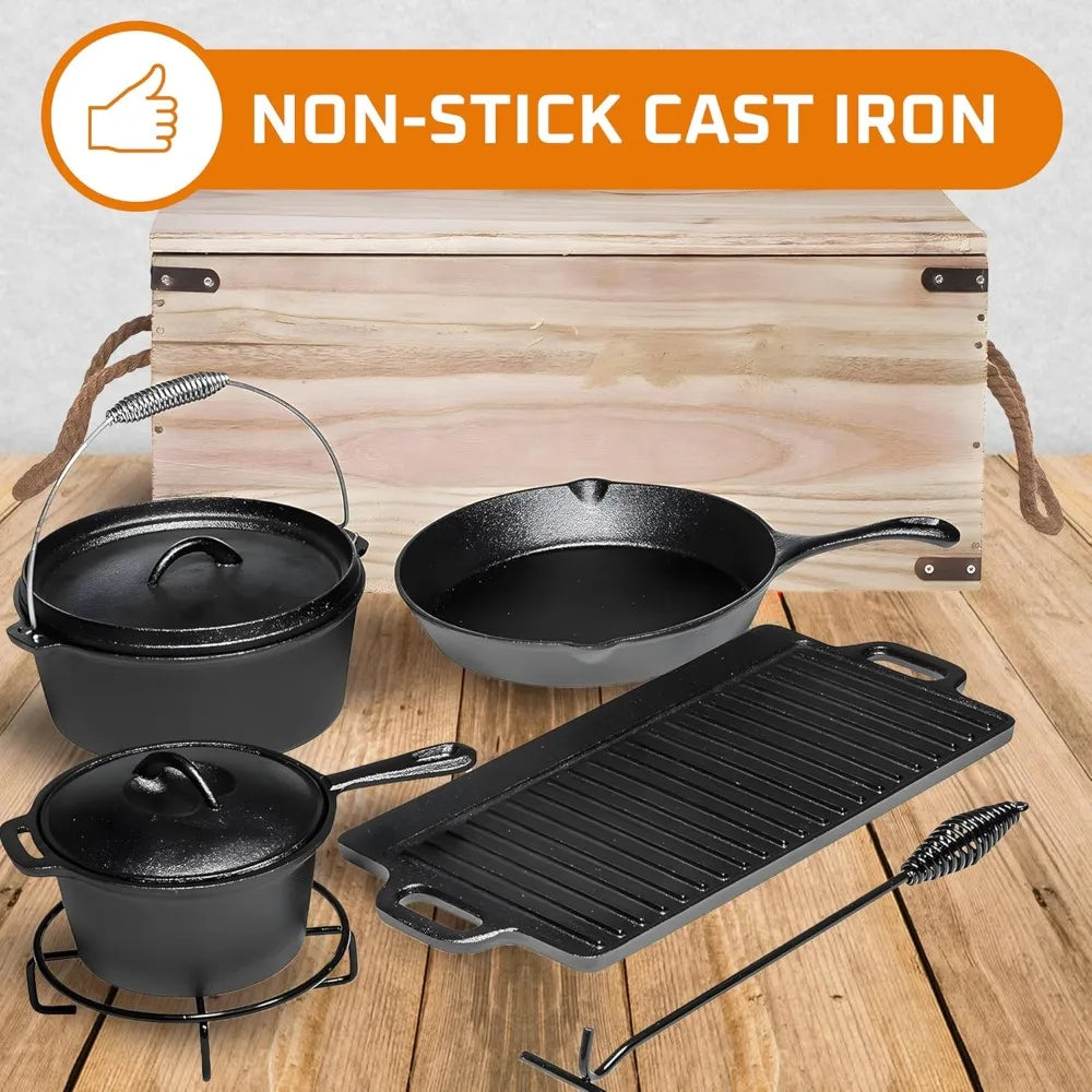 7-Piece Preseasoned Cast Iron Cookware Set With Dutch Oven Lids