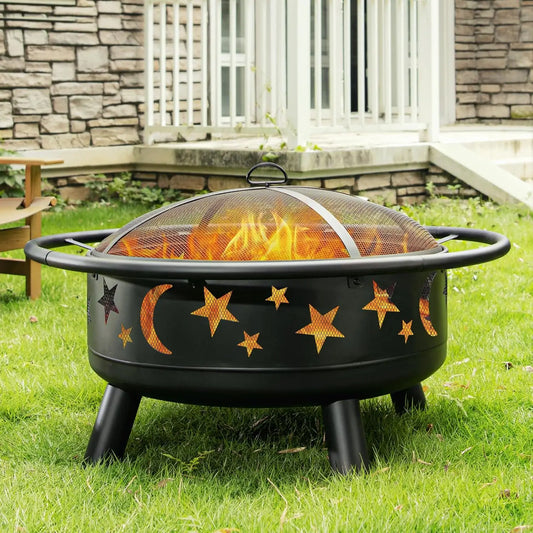 Round Fire Pit With Mesh Cover Star Moon Design Outdoor