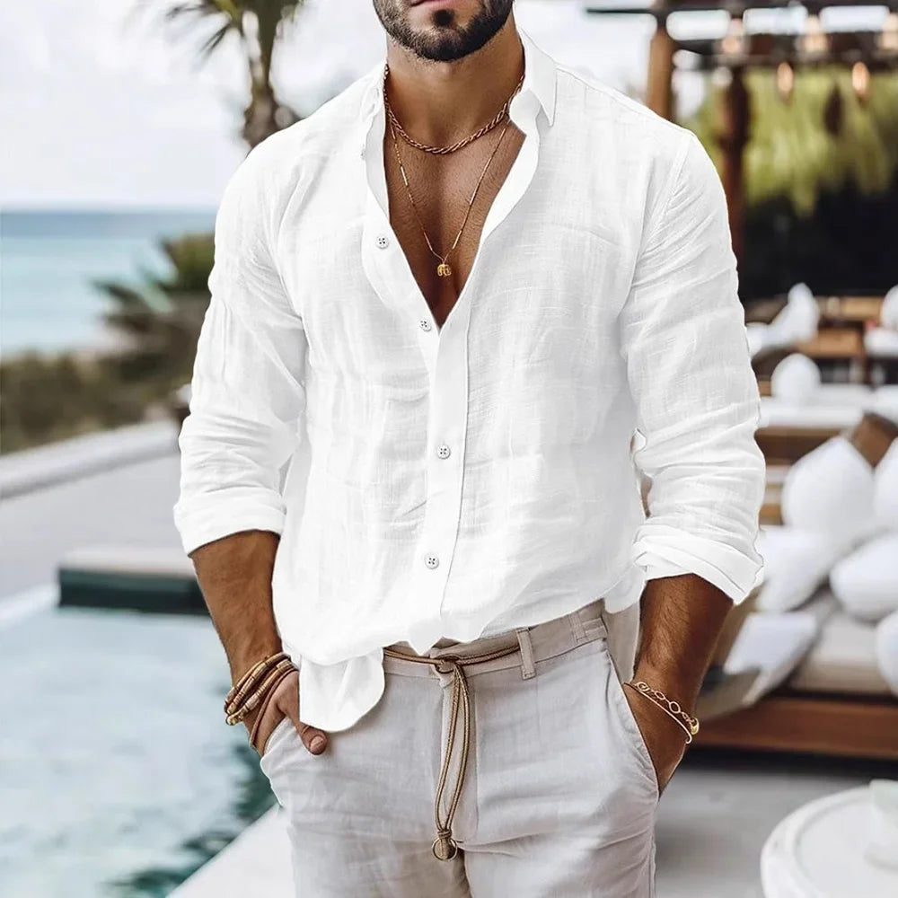Men's Cotton Linen Shirt Single Breasted Breathable Lightweight