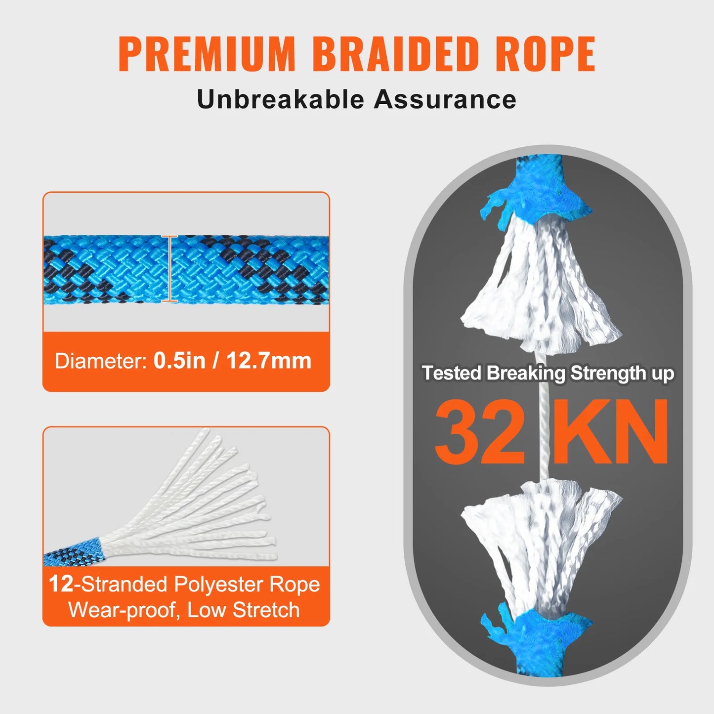 VEVOR Static Climbing Rope 30 KN Break Strength Steel Hooks