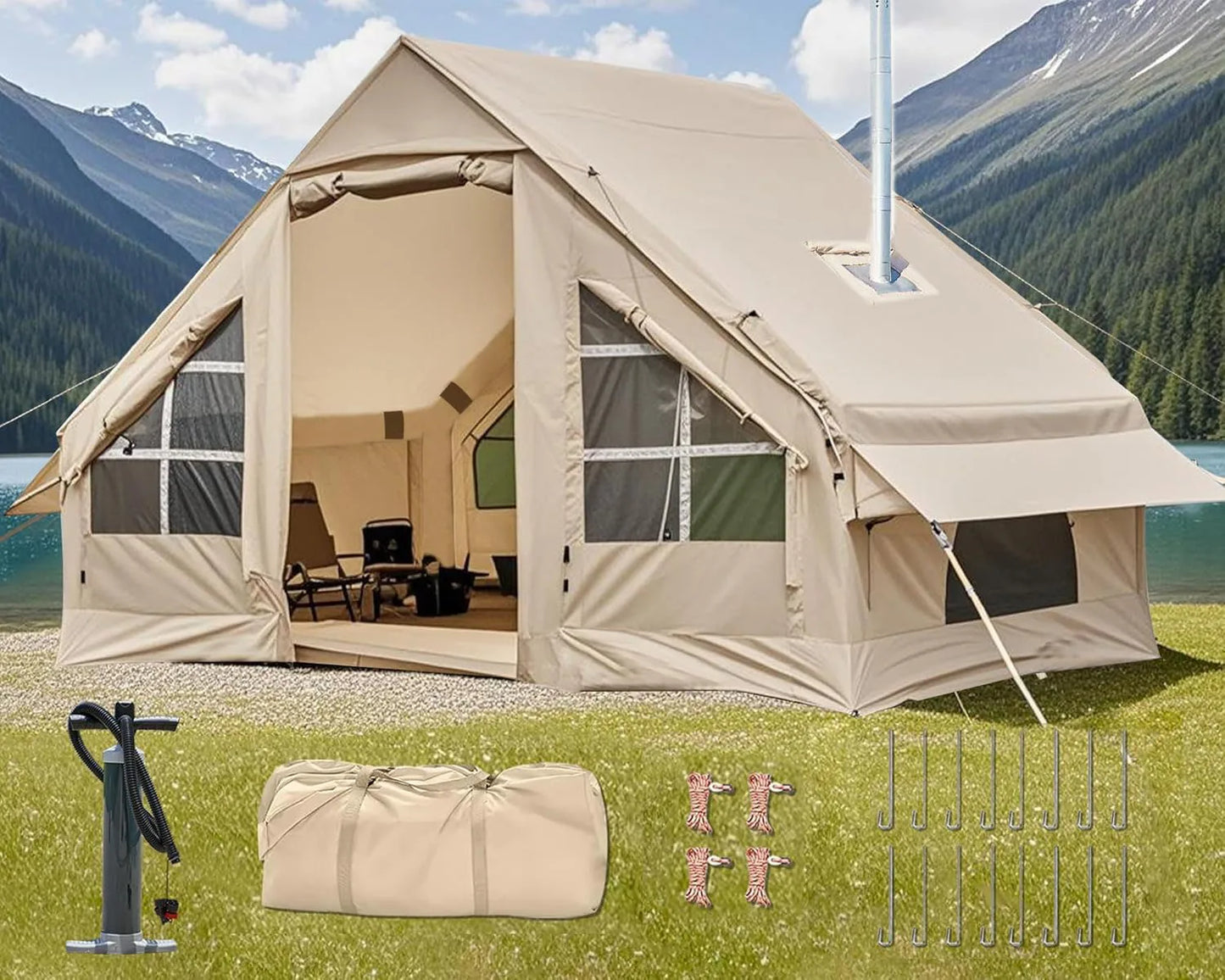 Inflatable Four To Six Person Tent With Stove Jack