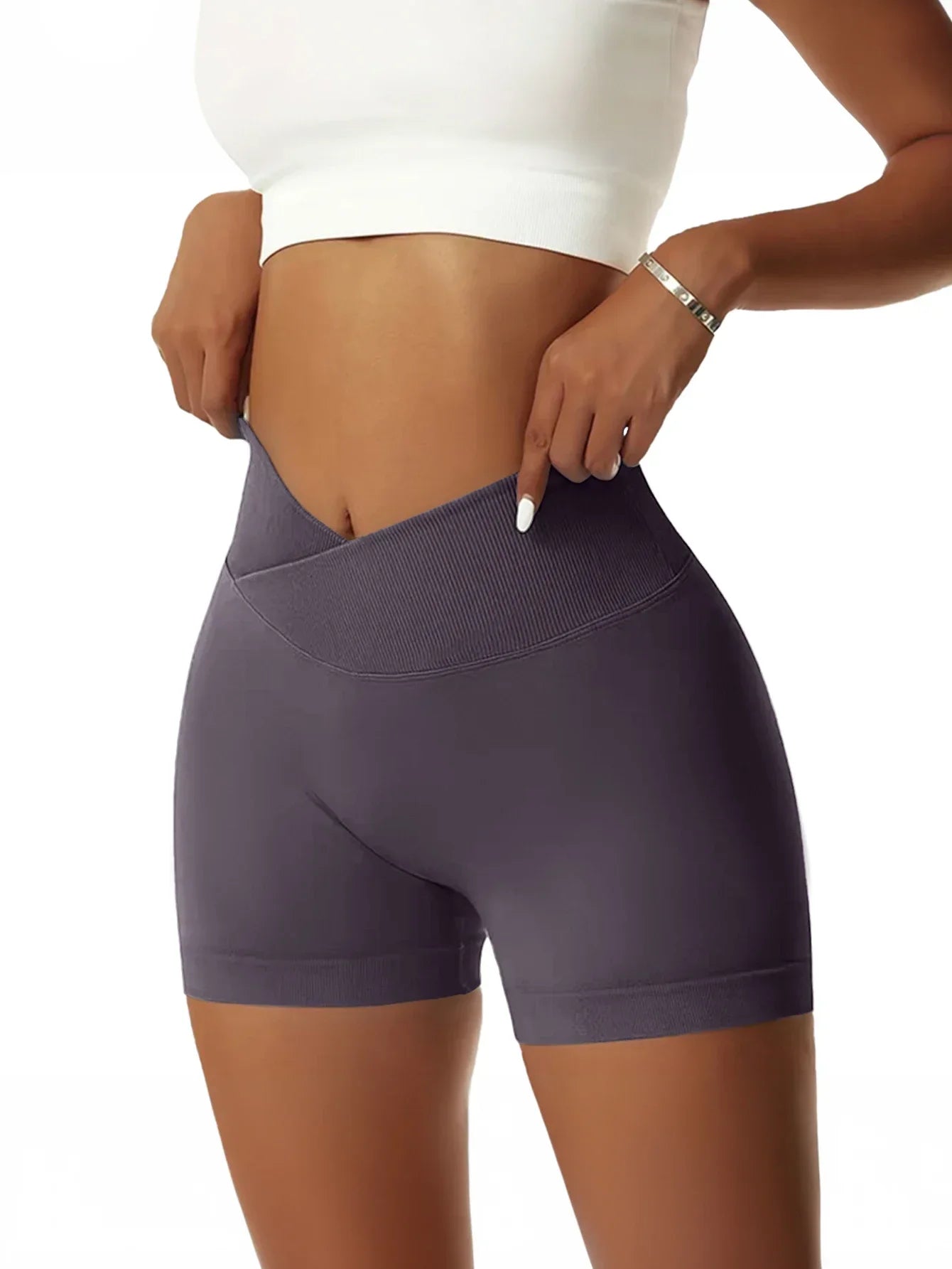 Women's Cross Waist High Waisted Ribbed Biker Shorts Running Gym