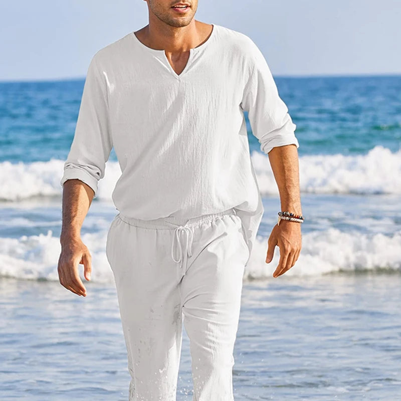 Mens Summer Cotton Linen Henley Shirt And Elastic Waist Pants 2 Piece Set