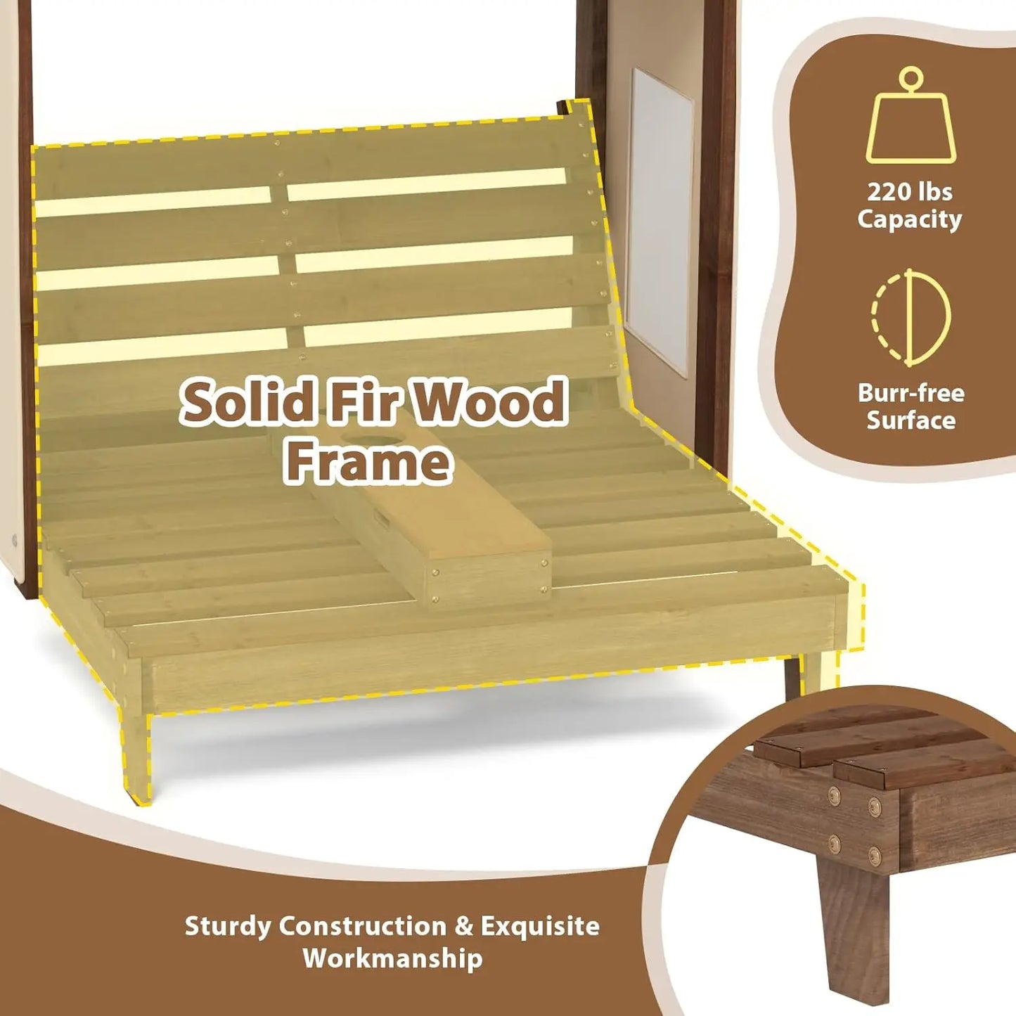 Wood Double Chaise Canopy Outdoor Kids Cup Holder Lounge