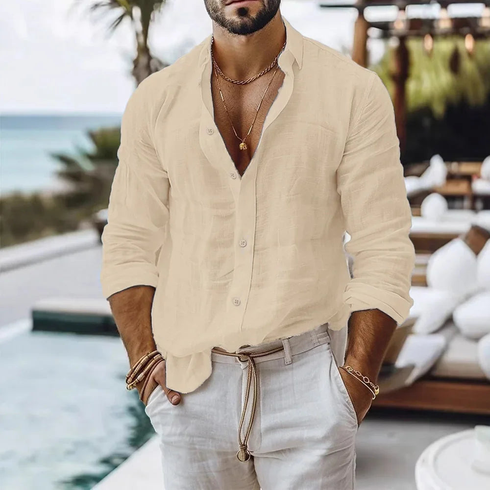 Men's Cotton Linen Shirt Single Breasted Breathable Lightweight